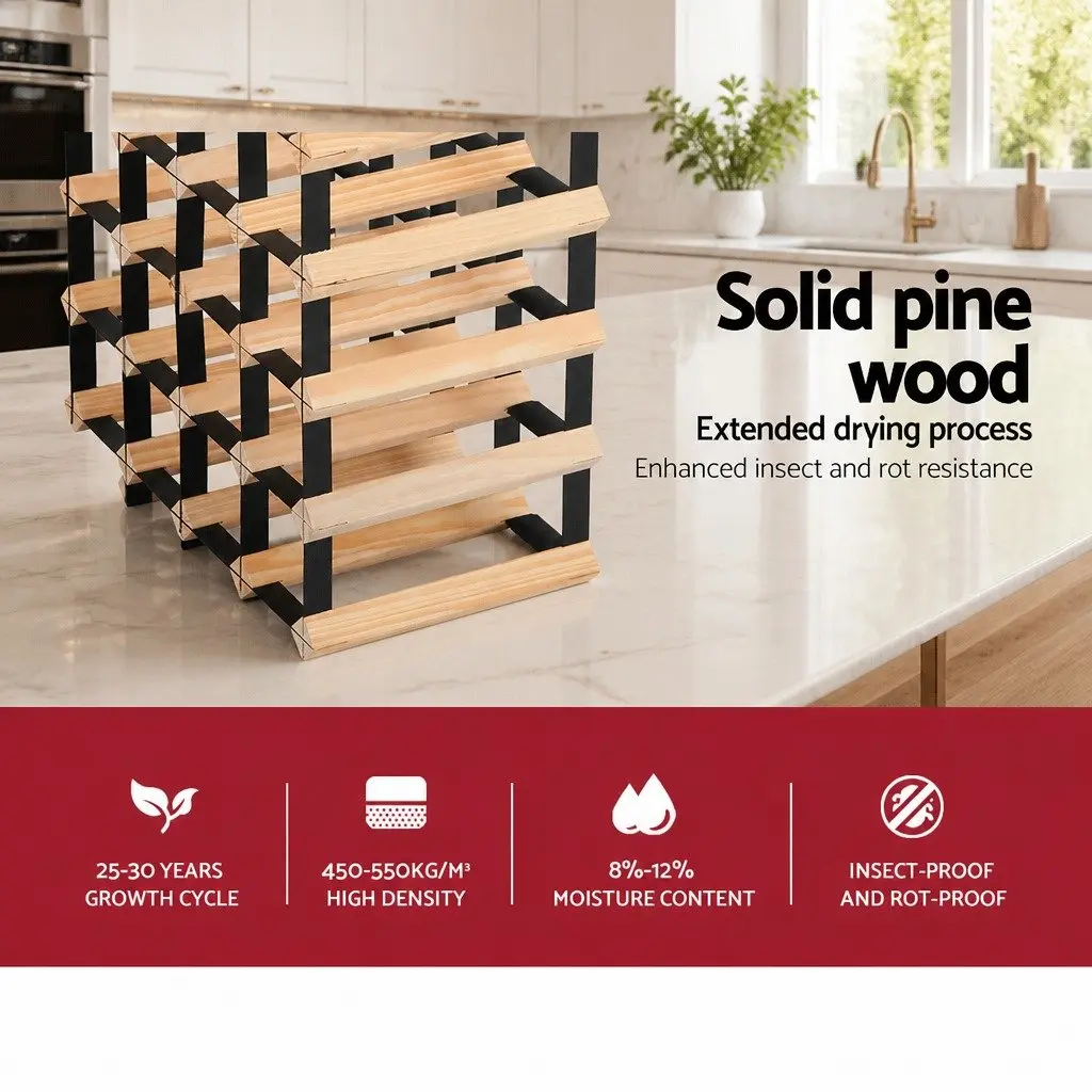 Wine Rack Storage Display Organiser 20 Bottle Pine Wood Steel Frame Natural