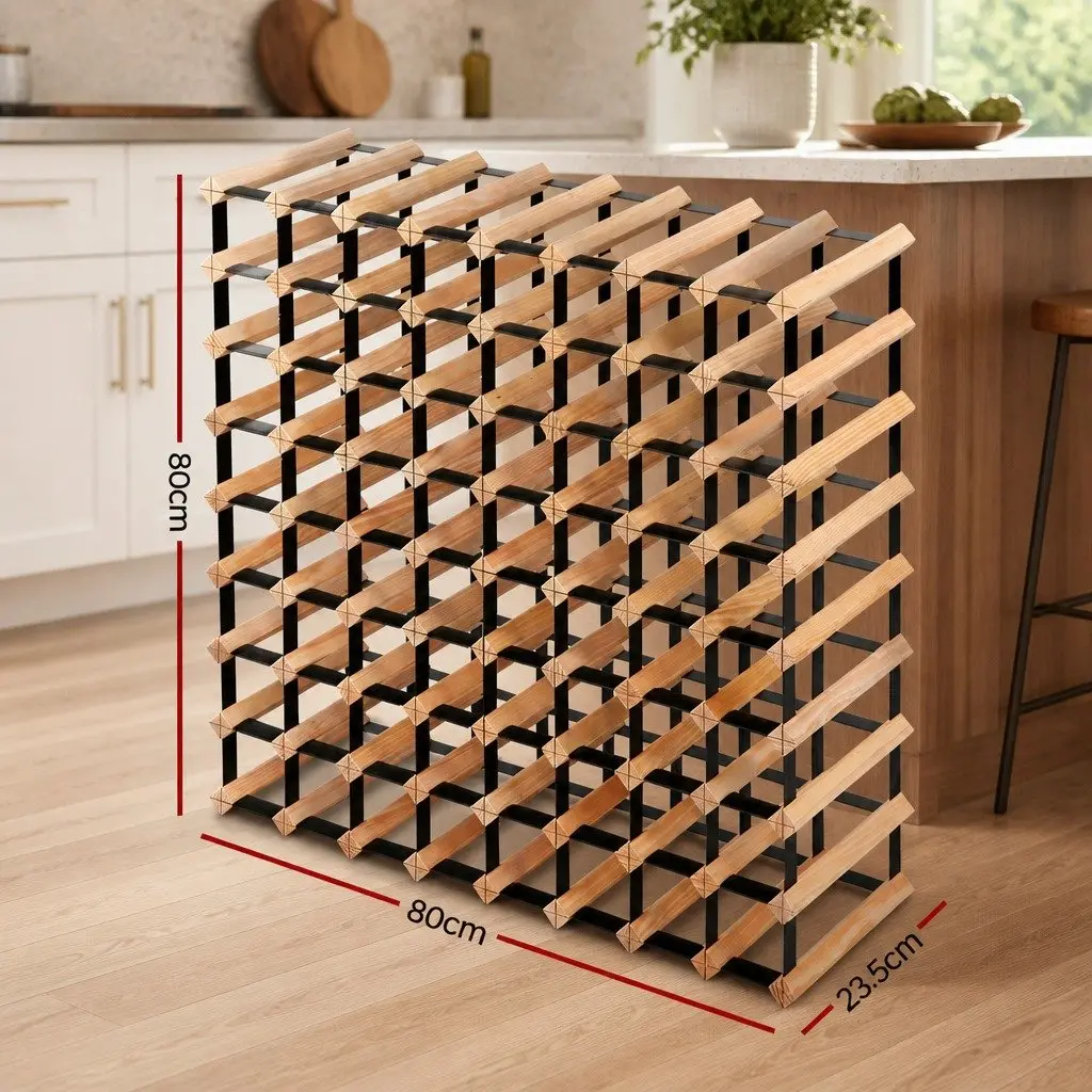 Wine Rack Storage Organiser 72 Bottle Pine Wood Steel Frame Natural