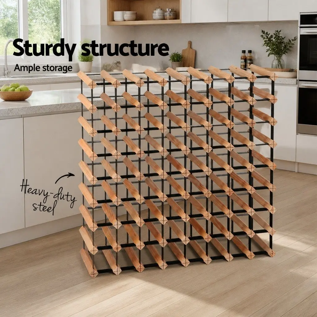 Wine Rack Storage Organiser 72 Bottle Pine Wood Steel Frame Natural