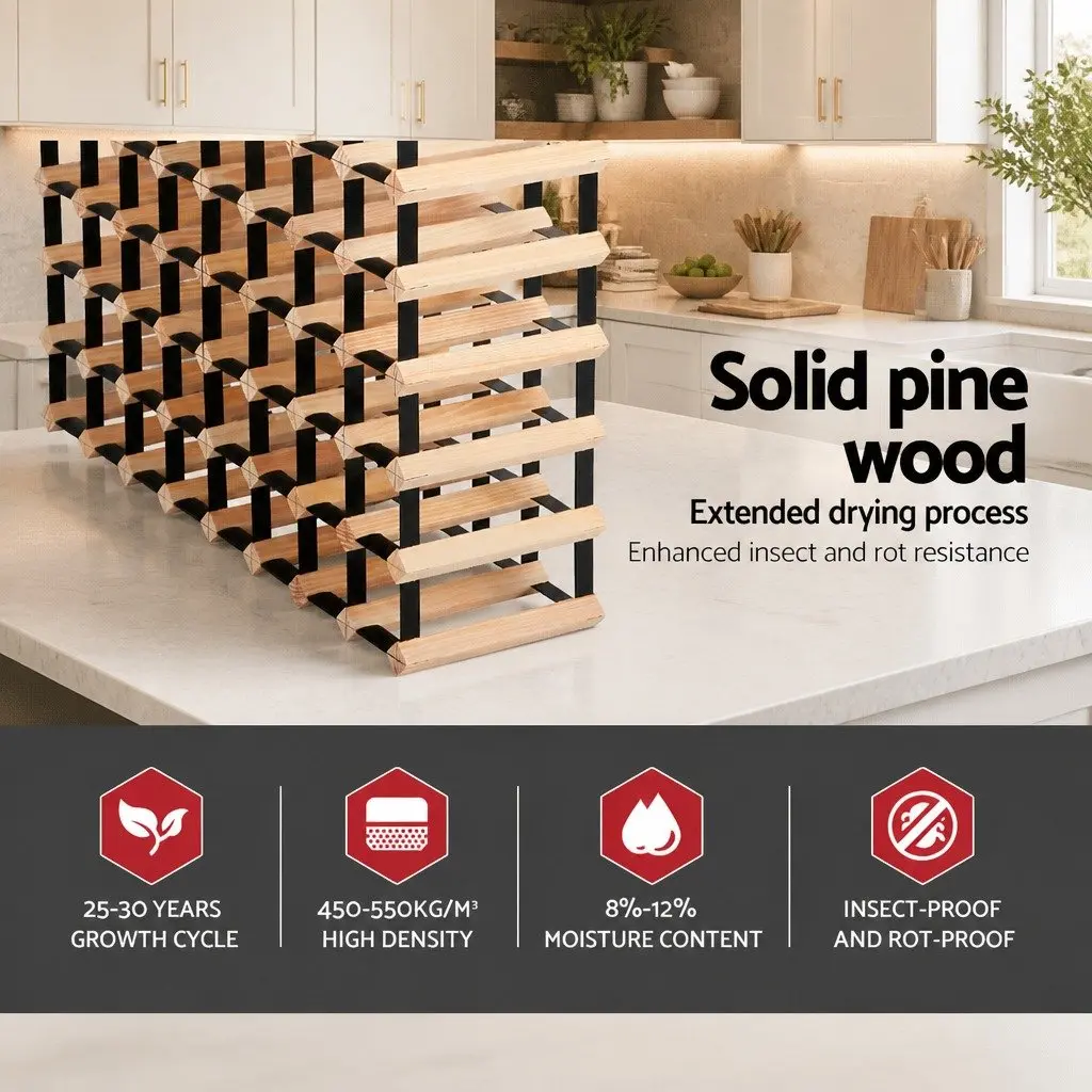 Wine Rack Storage Organiser 72 Bottle Pine Wood Steel Frame Natural