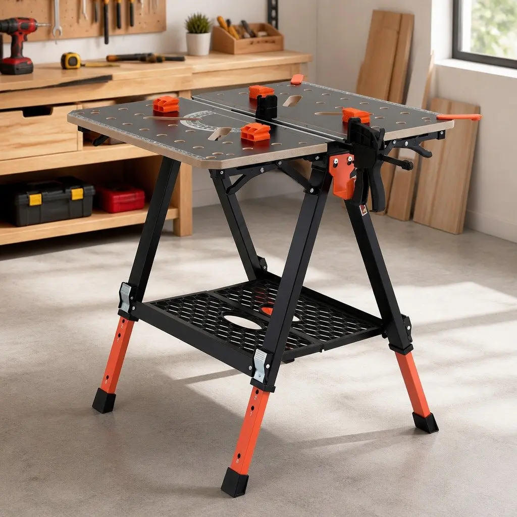 Heavy-Duty Workbench Adjustable Height Portable Folding Table Steel Frame Black or Orange