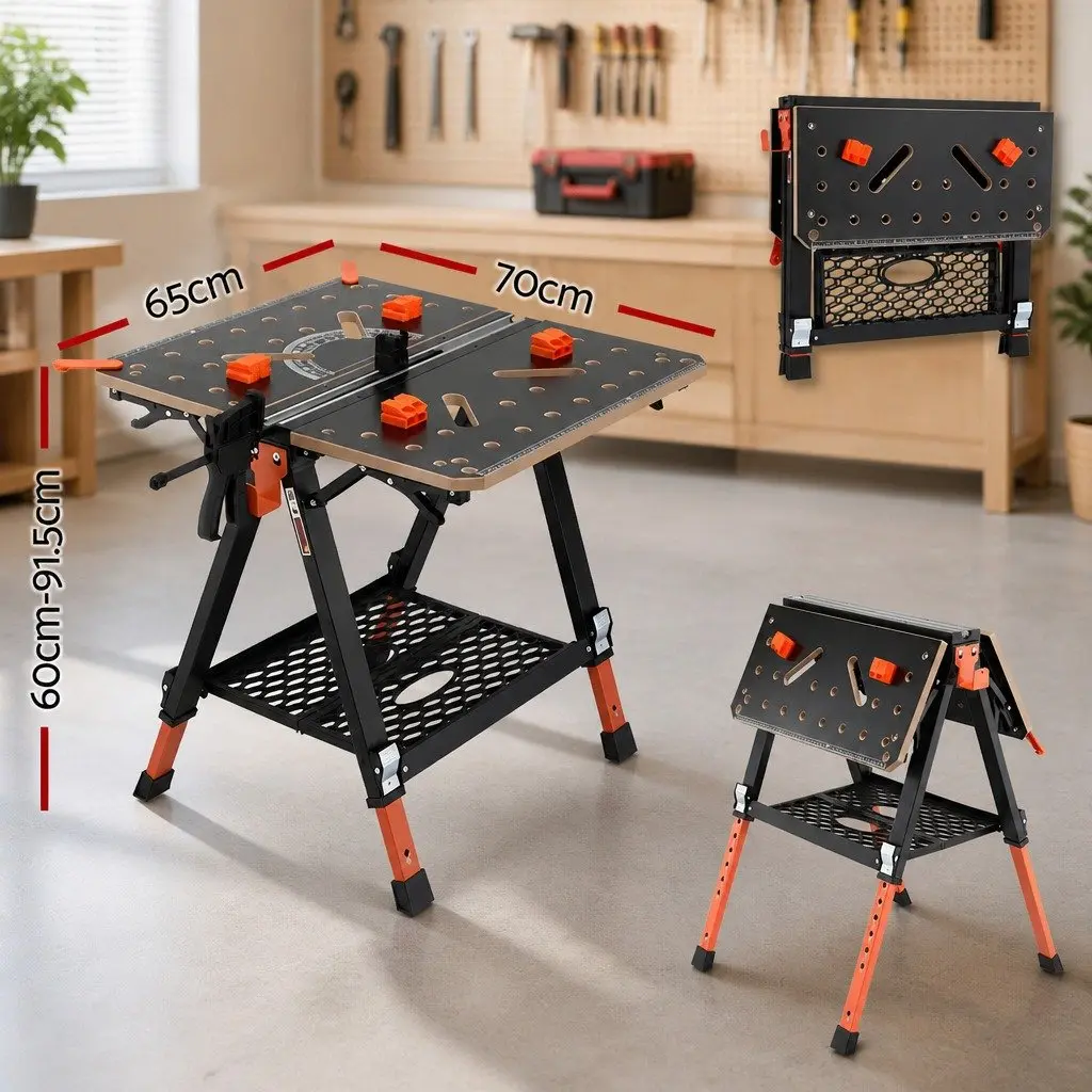 Heavy-Duty Workbench Adjustable Height Portable Folding Table Steel Frame Black or Orange
