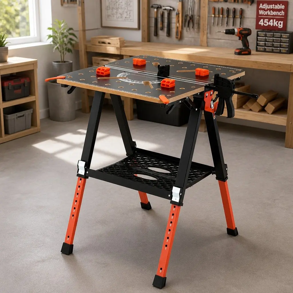 Heavy-Duty Workbench Adjustable Height Portable Folding Table Steel Frame Black or Orange