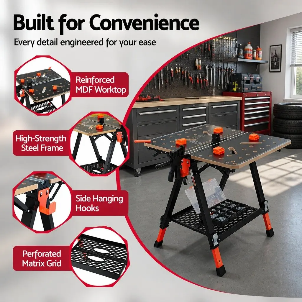 Heavy-Duty Workbench Adjustable Height Portable Folding Table Steel Frame Black or Orange