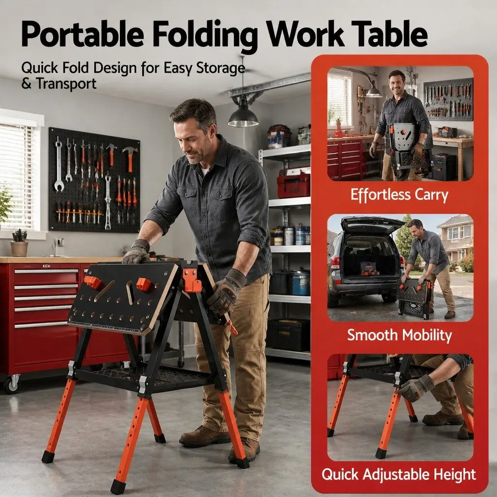 Heavy-Duty Workbench Adjustable Height Portable Folding Table Steel Frame Black or Orange