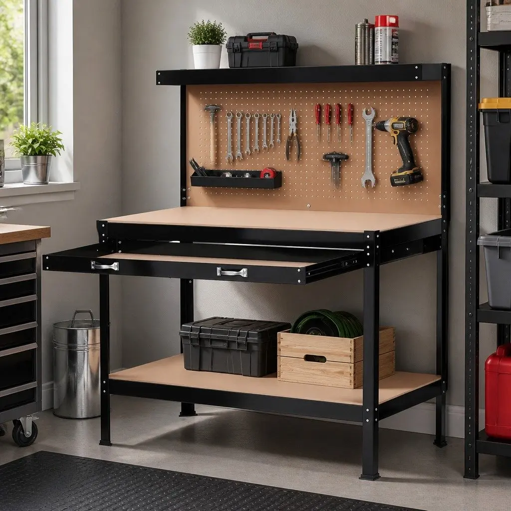 Workbench with Pegboard 120cm Work Table Black Ultra-Wide Drawer