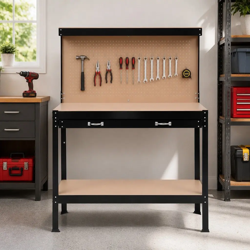 Workbench with Pegboard 120cm Work Table Black Ultra-Wide Drawer