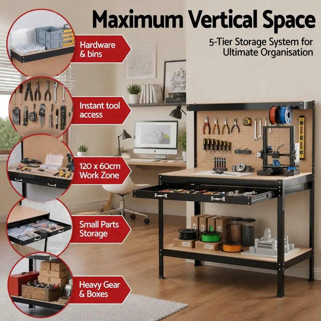Workbench with Pegboard 120cm Work Table Black Ultra-Wide Drawer