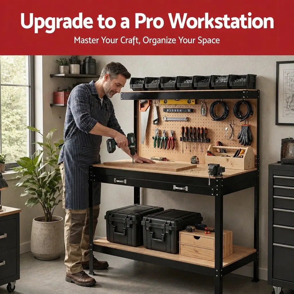 Workbench with Pegboard 120cm Work Table Black Ultra-Wide Drawer