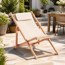 Outdoor Deck Chair Wooden Sun Lounge Folding Beach Patio Furniture Beige