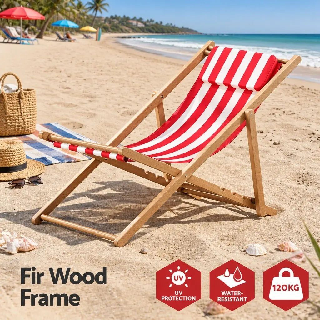 Wooden Beach Deck Chair Outdoor Sun Lounger Folding Patio Furniture Red White