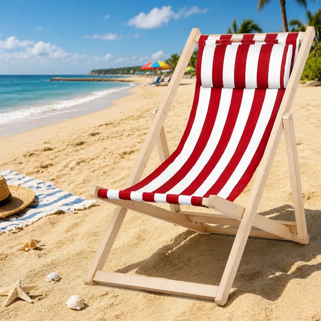 Wooden Beach Deck Chair Outdoor Sun Lounger Folding Patio Furniture Red White