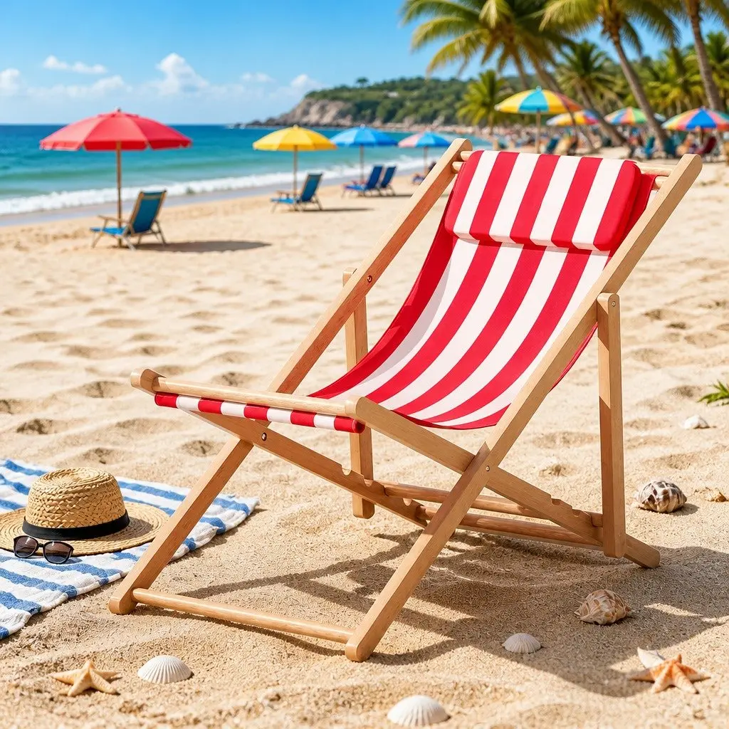 Wooden Beach Deck Chair Outdoor Sun Lounger Folding Patio Furniture Red White