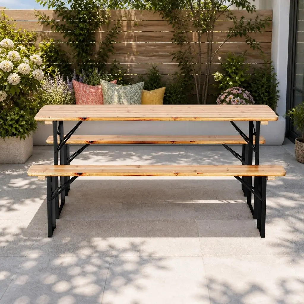 Wooden Outdoor Dining Set Foldable Patio Table and Benches Oak Garden 3 Piece