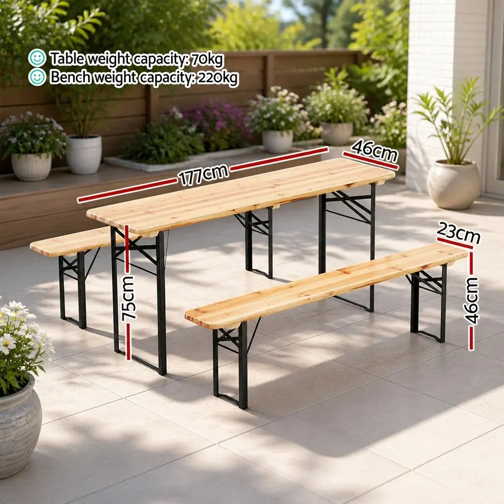 Wooden Outdoor Dining Set Foldable Patio Table and Benches Oak Garden 3 Piece