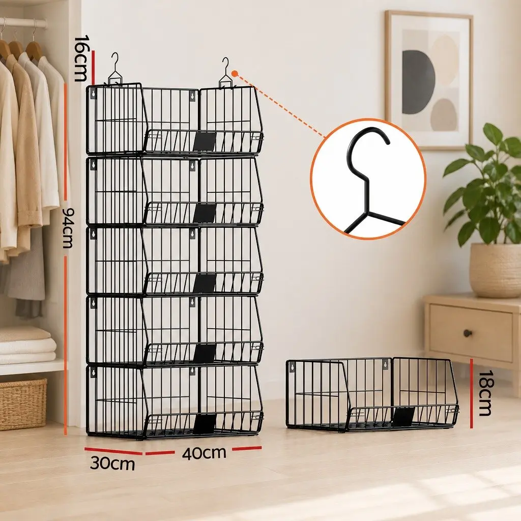 5 Tier Stackable Closet Organizer Hanging Storage Shelves Black