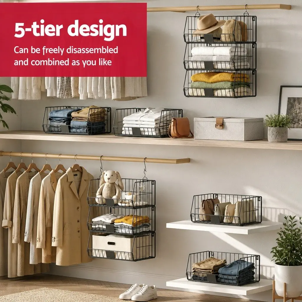 5 Tier Stackable Closet Organizer Hanging Storage Shelves Black