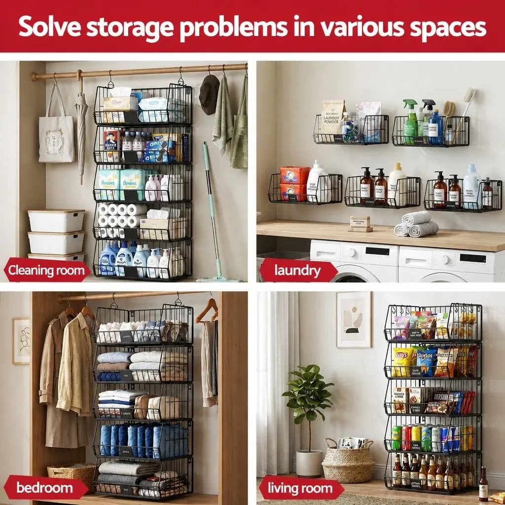 5 Tier Stackable Closet Organizer Hanging Storage Shelves Black