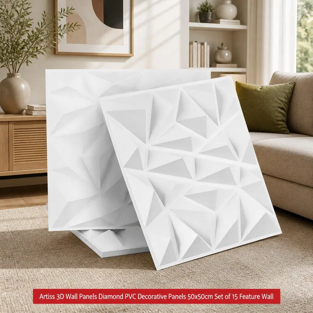 3D Wall Panels Diamond Pattern Decorative PVC Feature Wall 50x50cm White Set 15