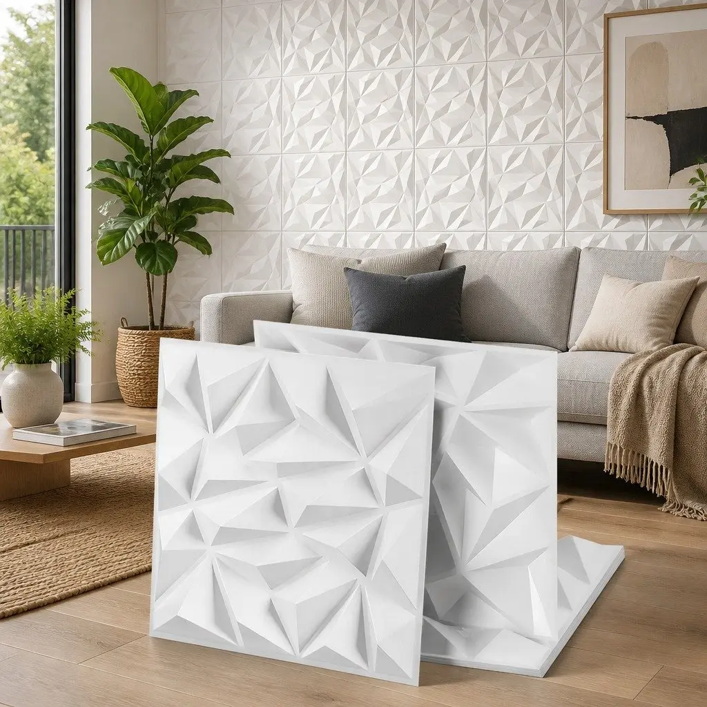 3D Wall Panels Diamond Pattern Decorative PVC Feature Wall 50x50cm White Set 15