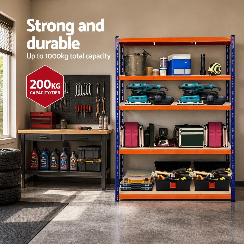 Heavy-Duty Garage Storage Shelving Rack 1.8M Adjustable 5-Tier Blue Orange