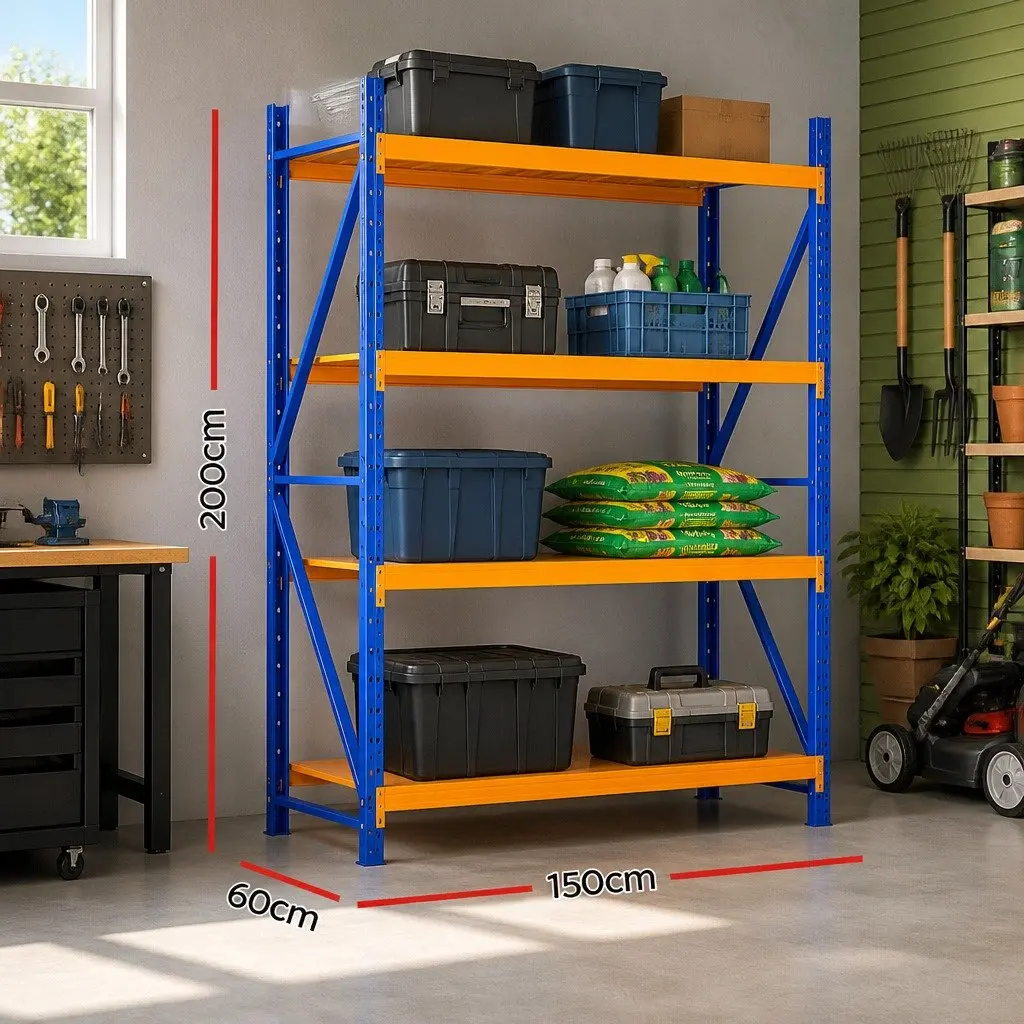 Warehouse Shelving Unit Adjustable Shelf 2m x 1.5m Steel Frame Orange Blue