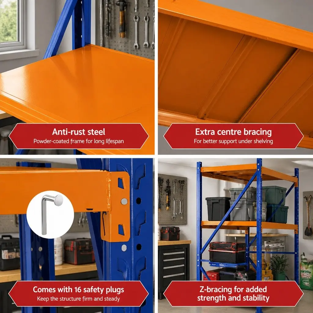 Warehouse Shelving Unit Adjustable Shelf 2m x 1.5m Steel Frame Orange Blue