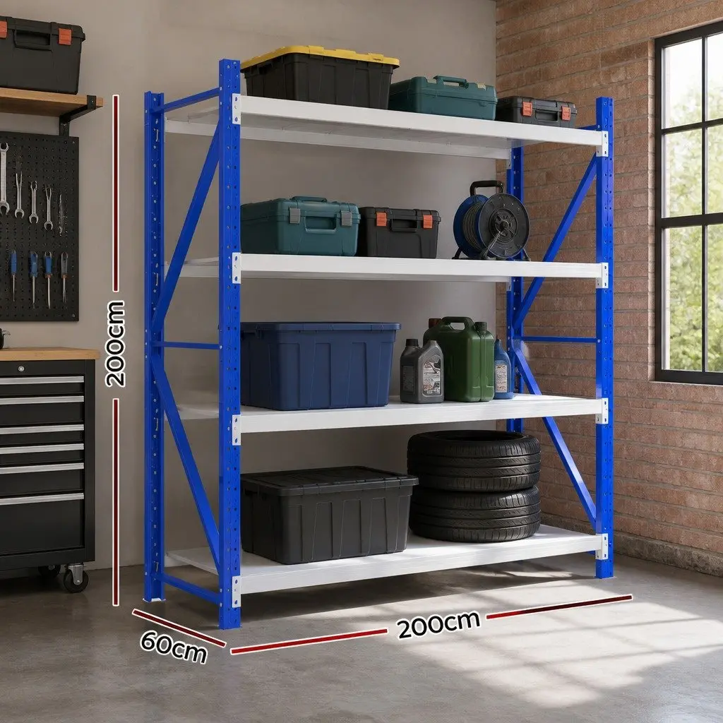 Warehouse Shelving Unit Storage Rack 2M x 2M Heavy Duty Steel 4 Tier Adjustable Blue Grey