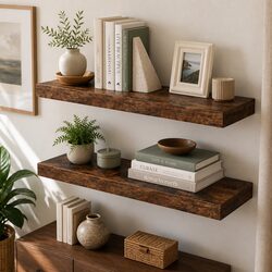 Floating Wall Shelf 2 Piece Set Wall Mounted Storage Display Rack Brown Modern