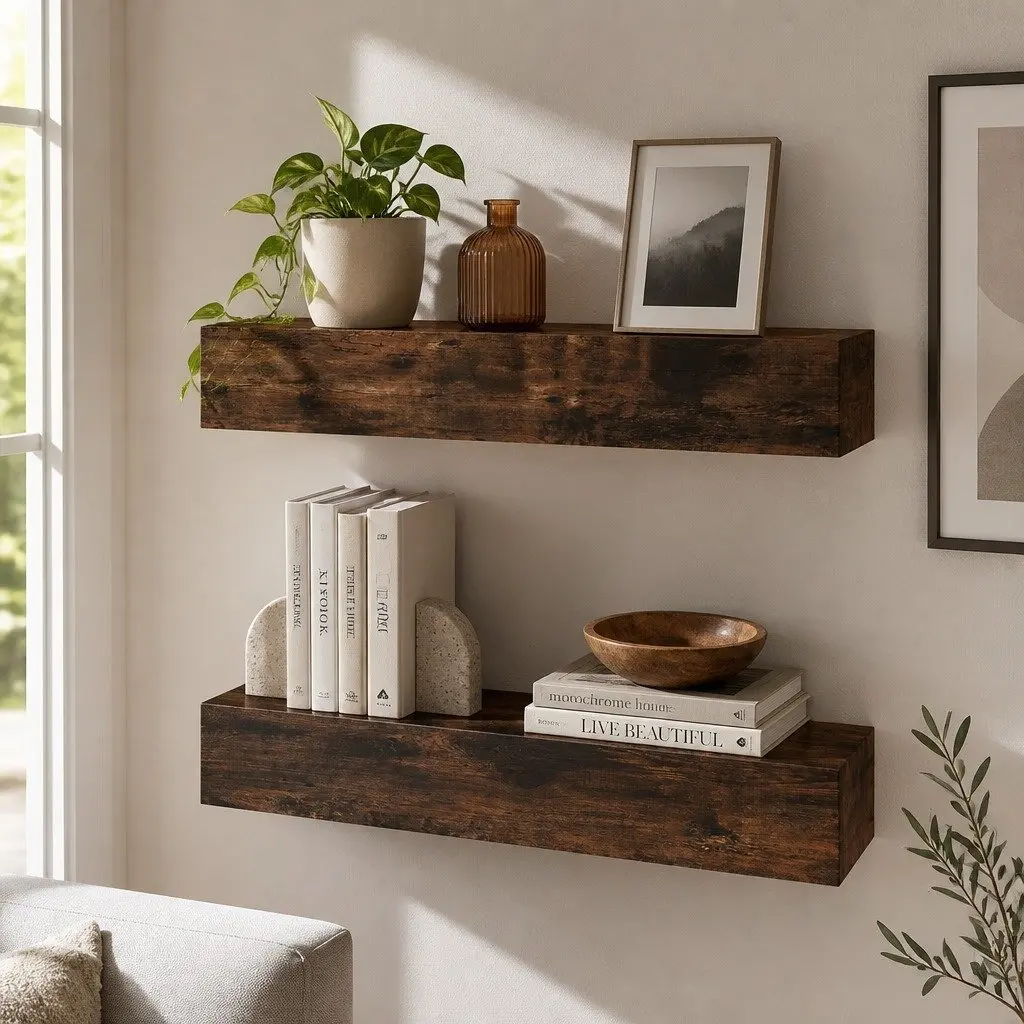 Floating Wall Shelf 2 Piece Set Wall Mounted Storage Display Rack Brown Modern