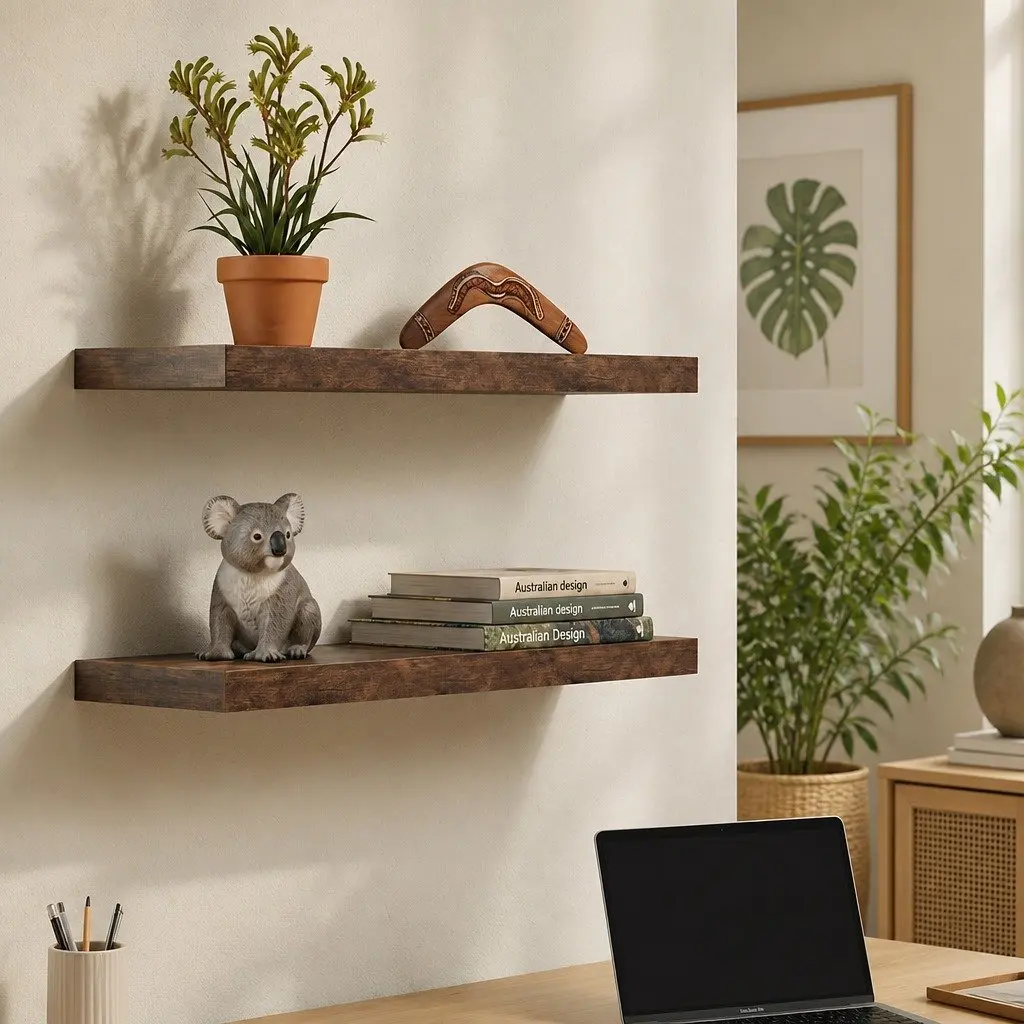 Floating Wall Shelf 2 Piece Set Wall Mounted Storage Display Rack Brown Modern