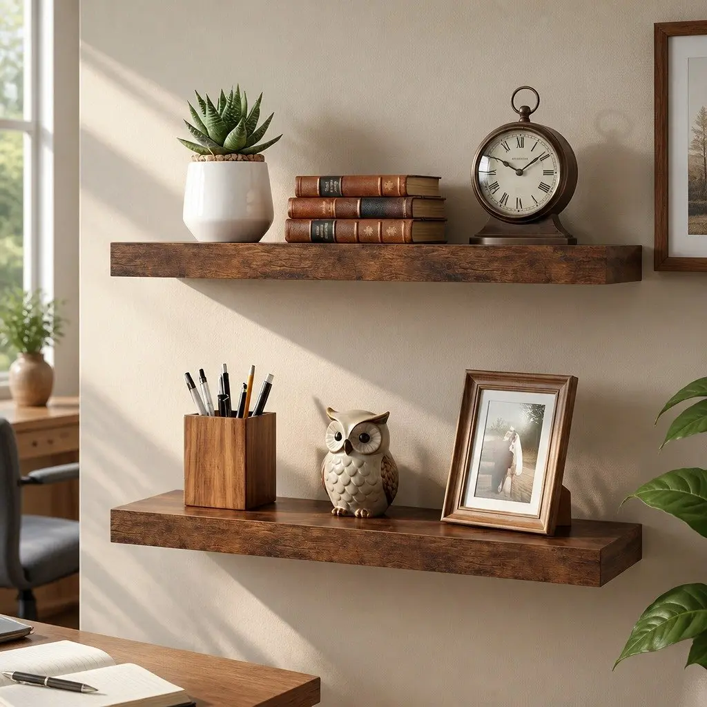 Floating Wall Shelf 2 Piece Set Wall Mounted Storage Display Rack Brown Modern