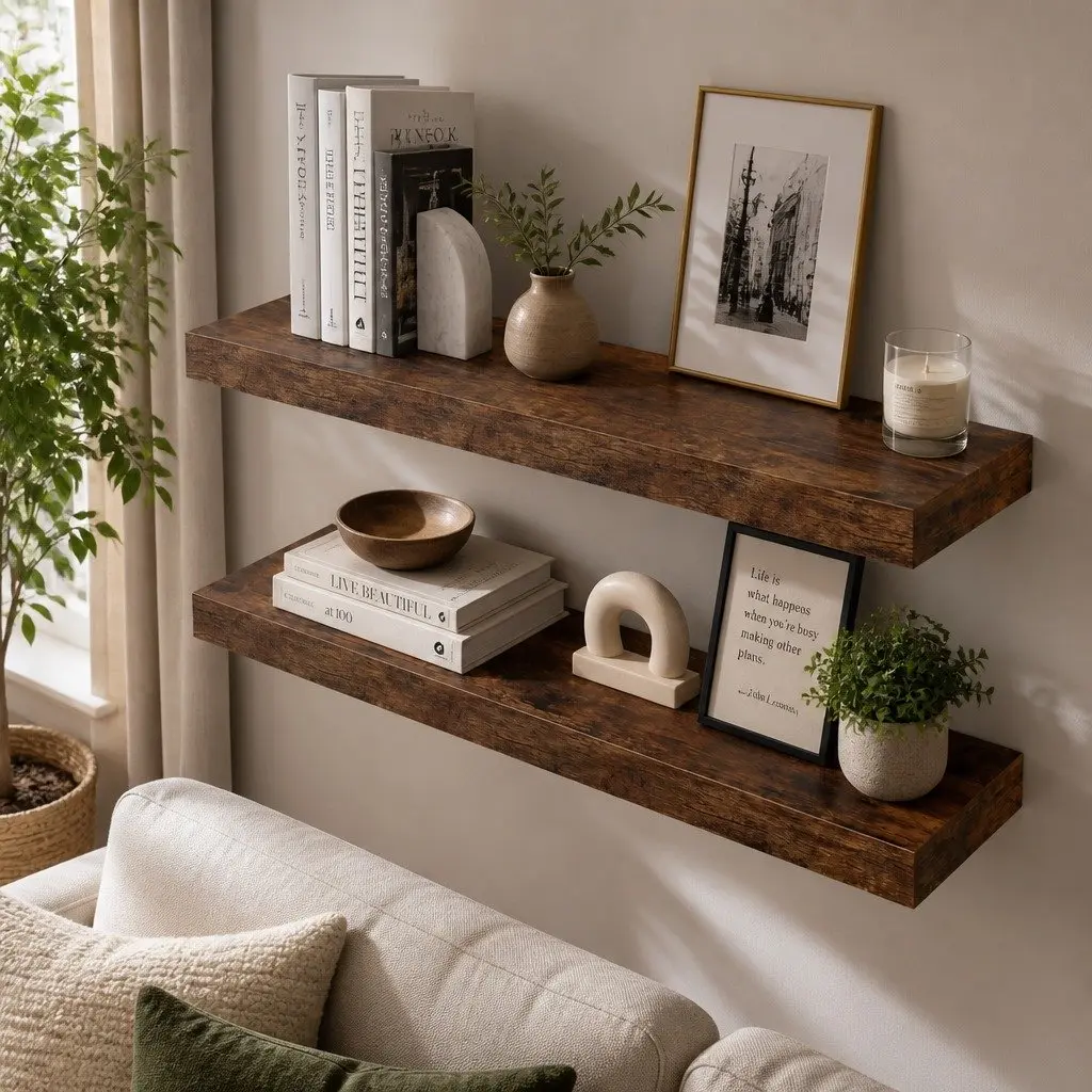 Floating Wall Shelf 2 Piece Set Wall Mounted Storage Display Rack Brown Modern