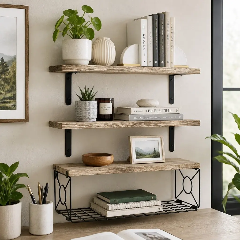 Floating Wall Shelves Set 3 Piece Storage Display Brown
