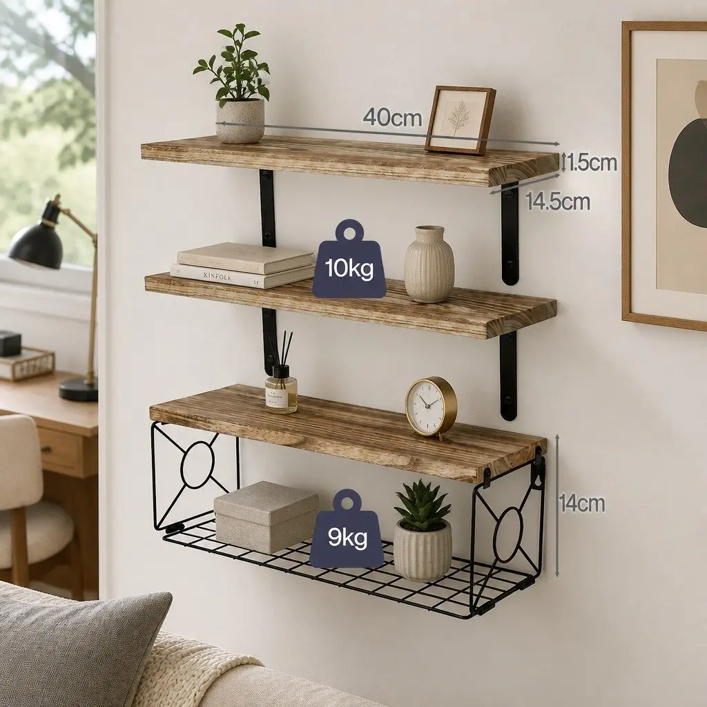 Floating Wall Shelves Set 3 Piece Storage Display Brown