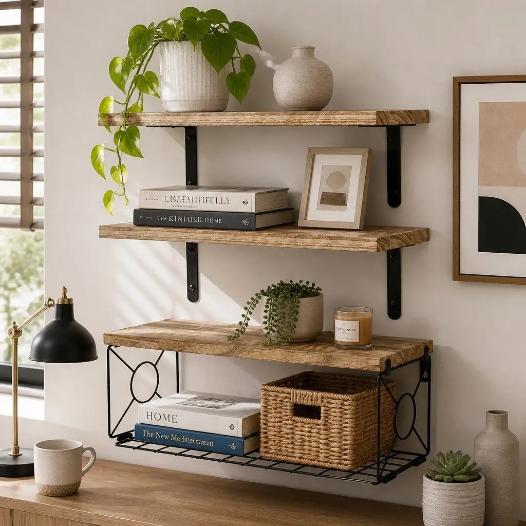 Floating Wall Shelves Set 3 Piece Storage Display Brown