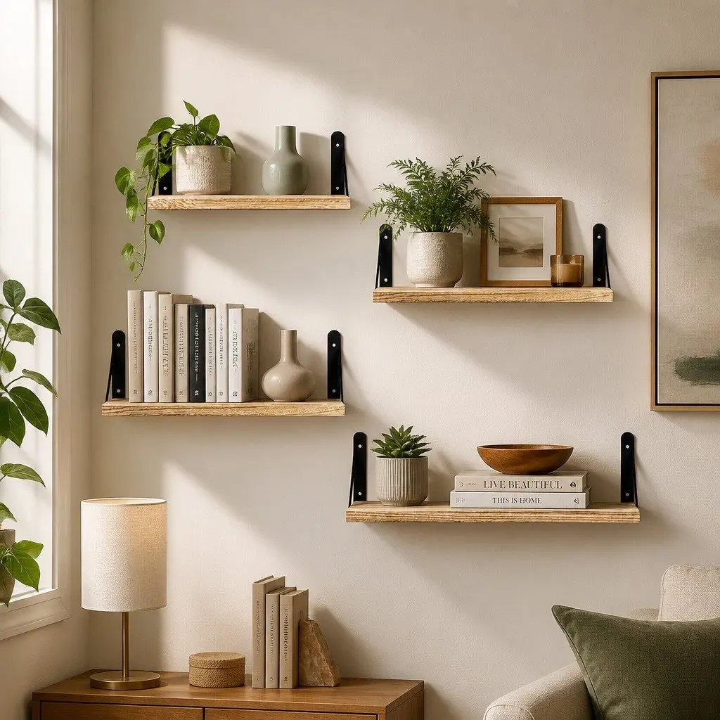 Floating Wall Shelves Rustic Wood Storage Display Rack 4 Piece Set Brown