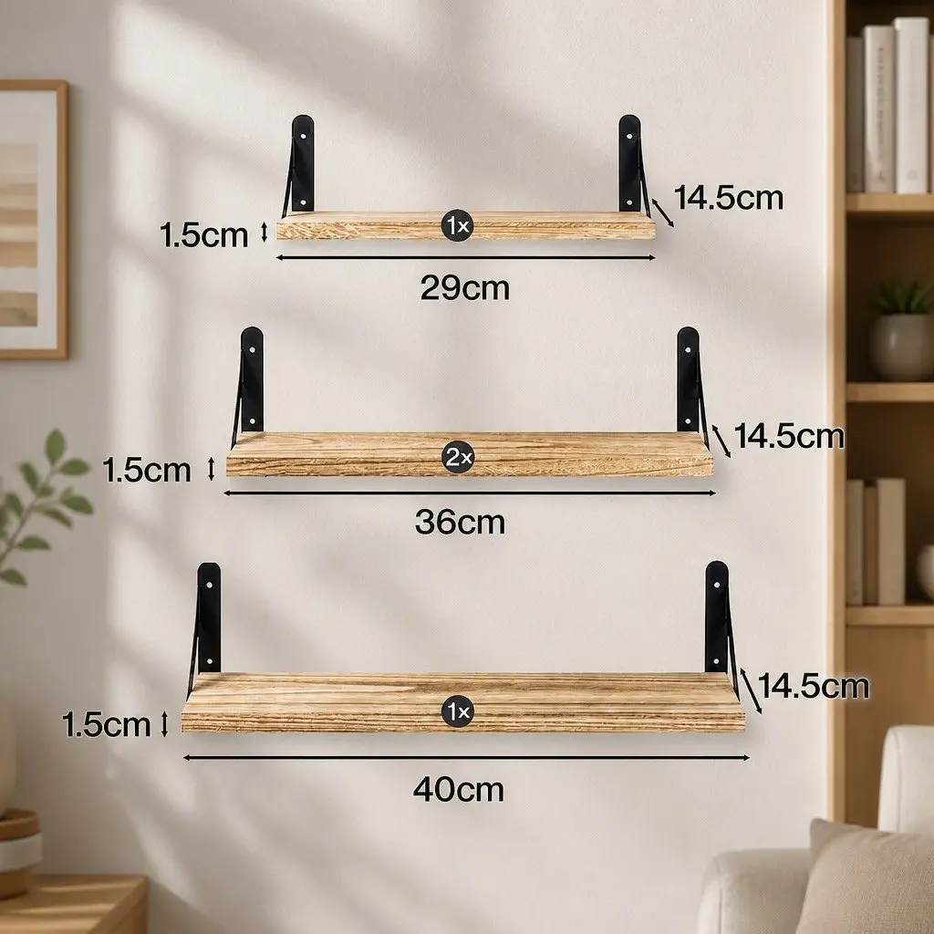Floating Wall Shelves Rustic Wood Storage Display Rack 4 Piece Set Brown