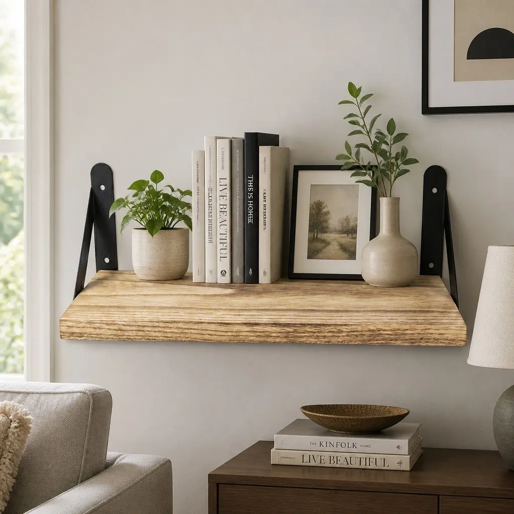 Floating Wall Shelves Rustic Wood Storage Display Rack 4 Piece Set Brown