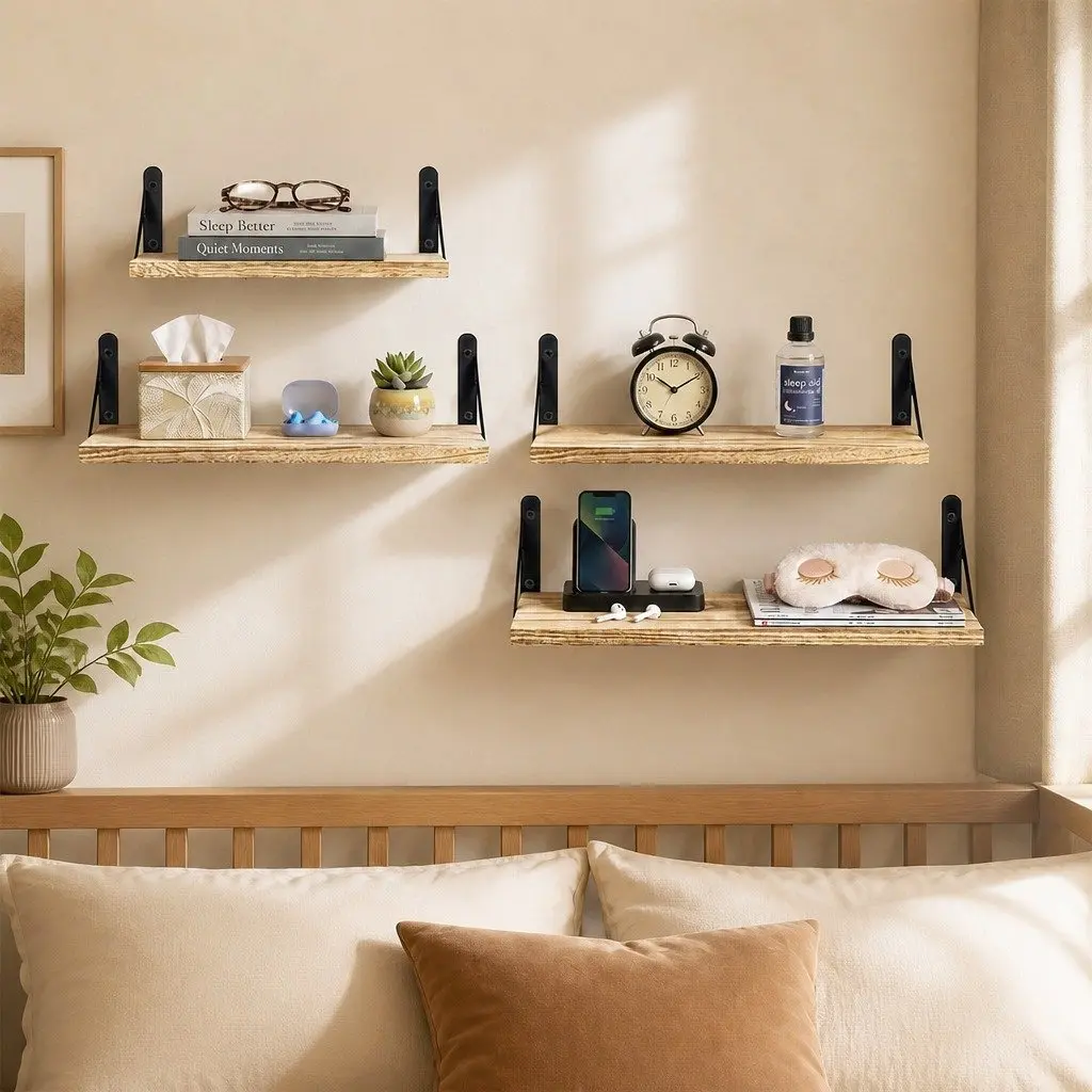 Floating Wall Shelves Rustic Wood Storage Display Rack 4 Piece Set Brown