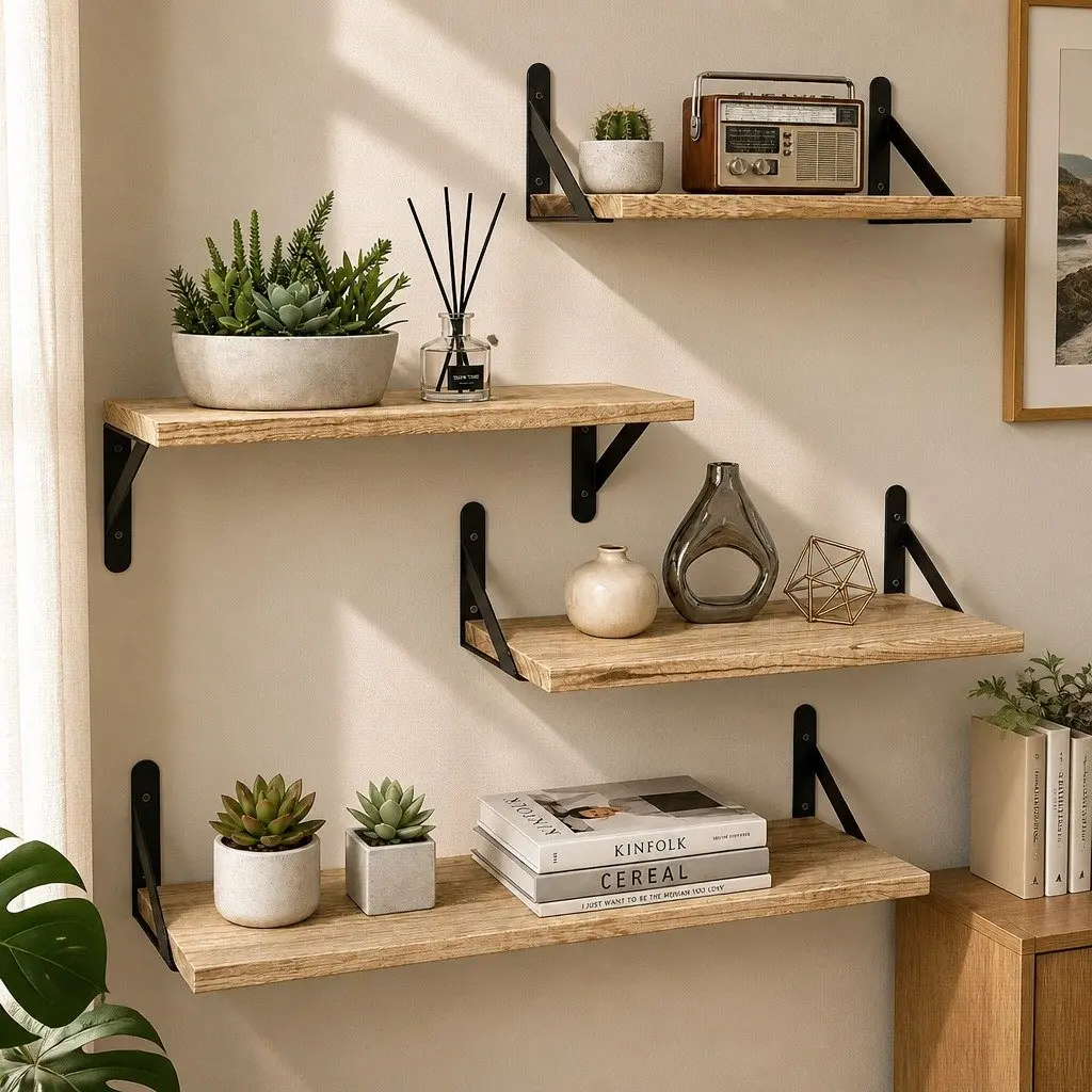 Floating Wall Shelves Rustic Wood Storage Display Rack 4 Piece Set Brown