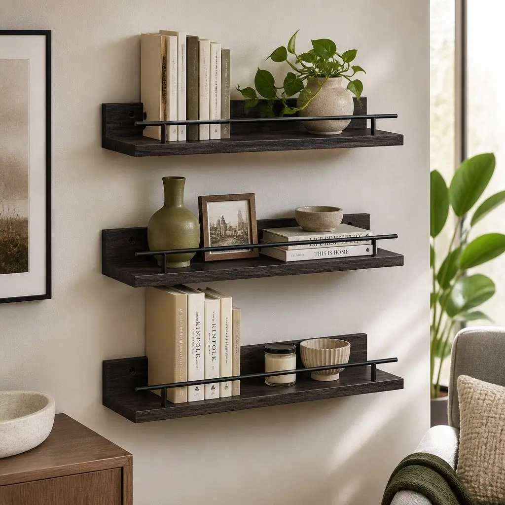 Floating Wall Shelves Set of 3 Wall Mounted Storage Display Rack with Guard Rail