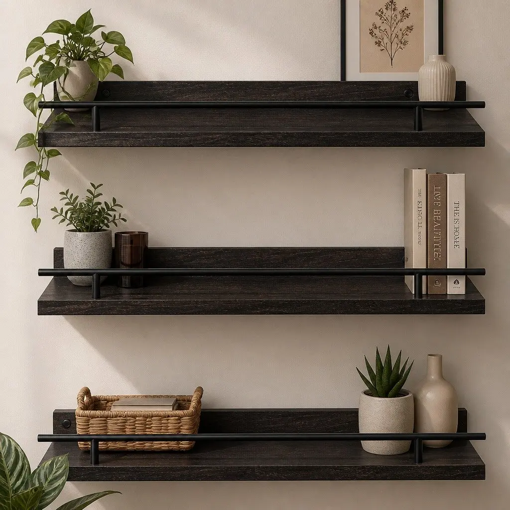 Floating Wall Shelves Set of 3 Wall Mounted Storage Display Rack Black