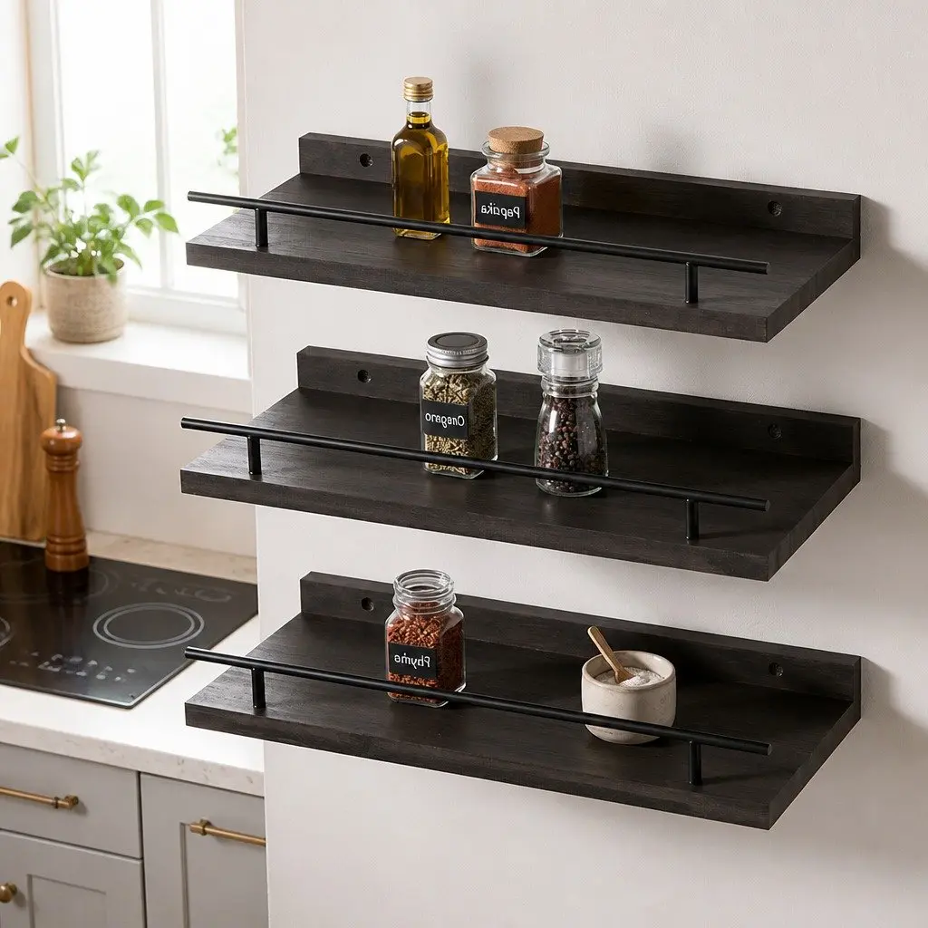 Floating Wall Shelves Set of 3 Wall Mounted Storage Display Rack Black