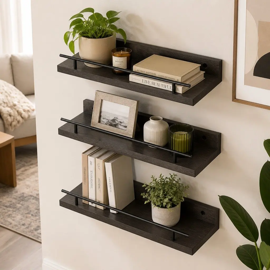 Floating Wall Shelves Set of 3 Wall Mounted Storage Display Rack Black
