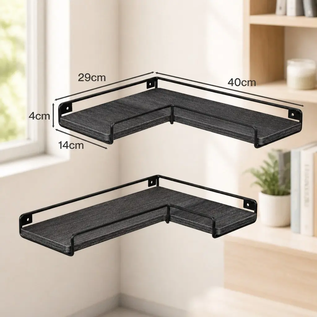 Floating Corner Wall Shelves Storage Display Rack 40cm Black 2 Piece
