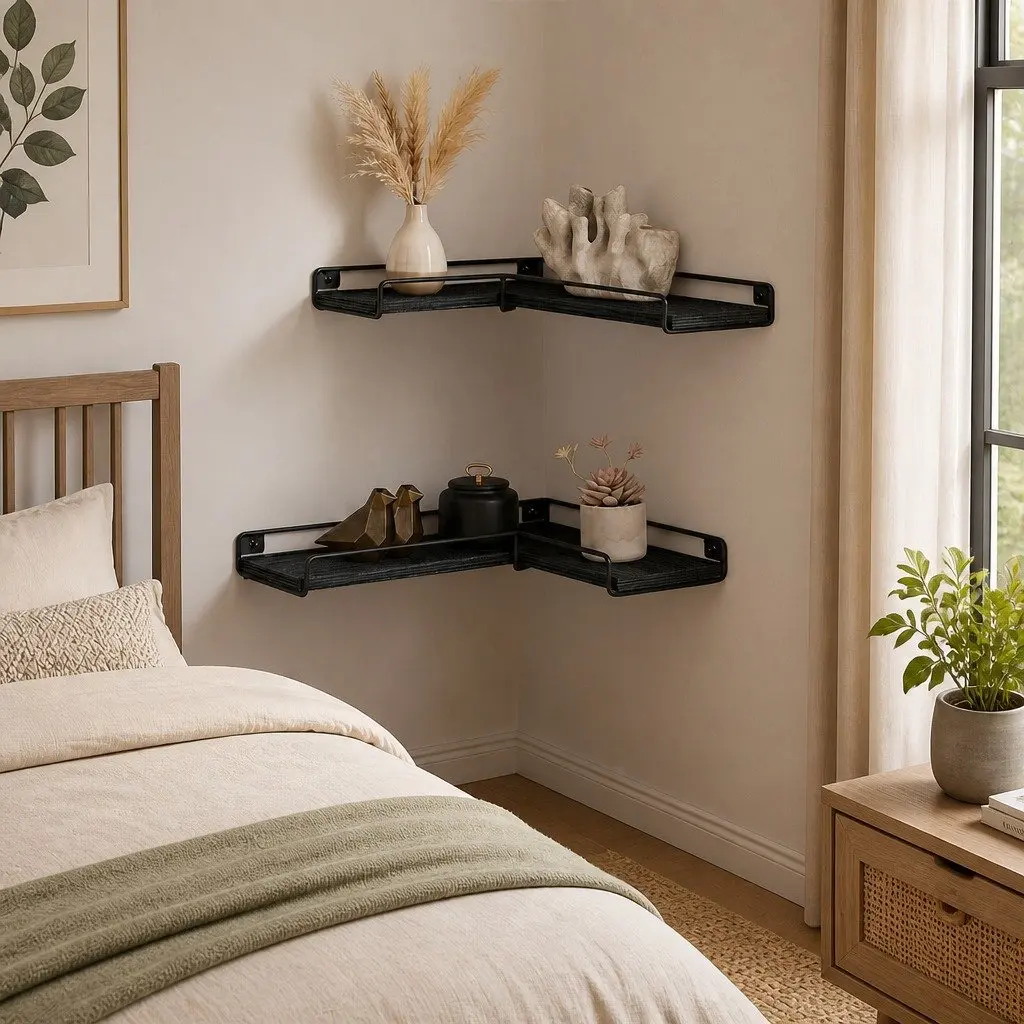 Floating Corner Wall Shelves Storage Display Rack 40cm Black 2 Piece