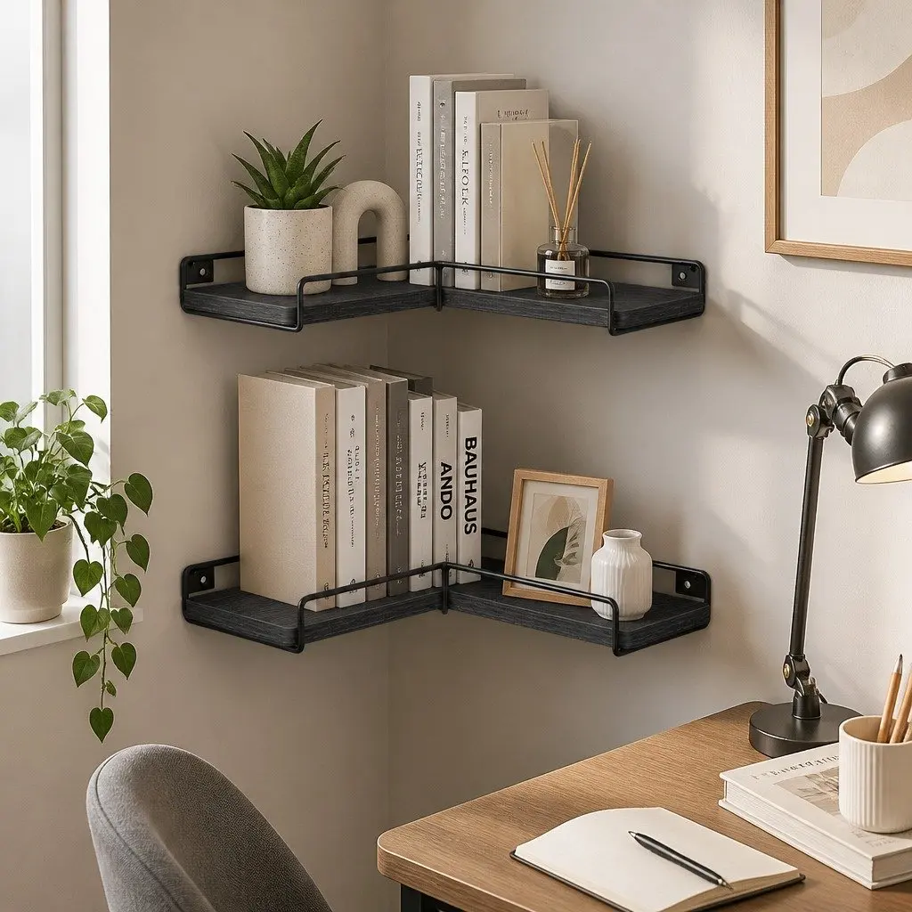 Floating Corner Wall Shelves Storage Display Rack 40cm Black 2 Piece