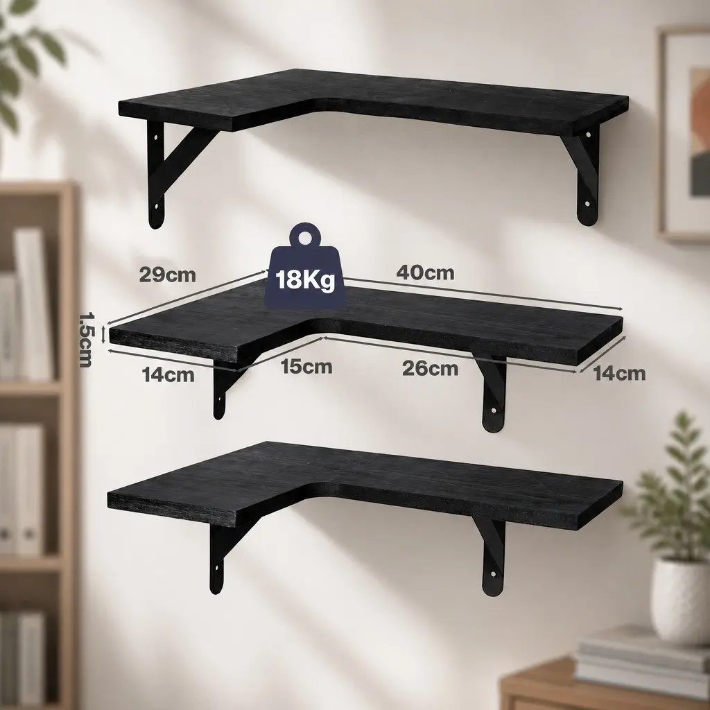 Corner Floating Shelves L-Shaped Wall-Mounted Storage 3 Piece Black