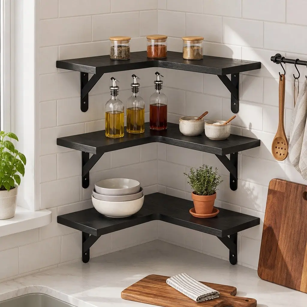 Corner Floating Shelves L-Shaped Wall-Mounted Storage 3 Piece Black